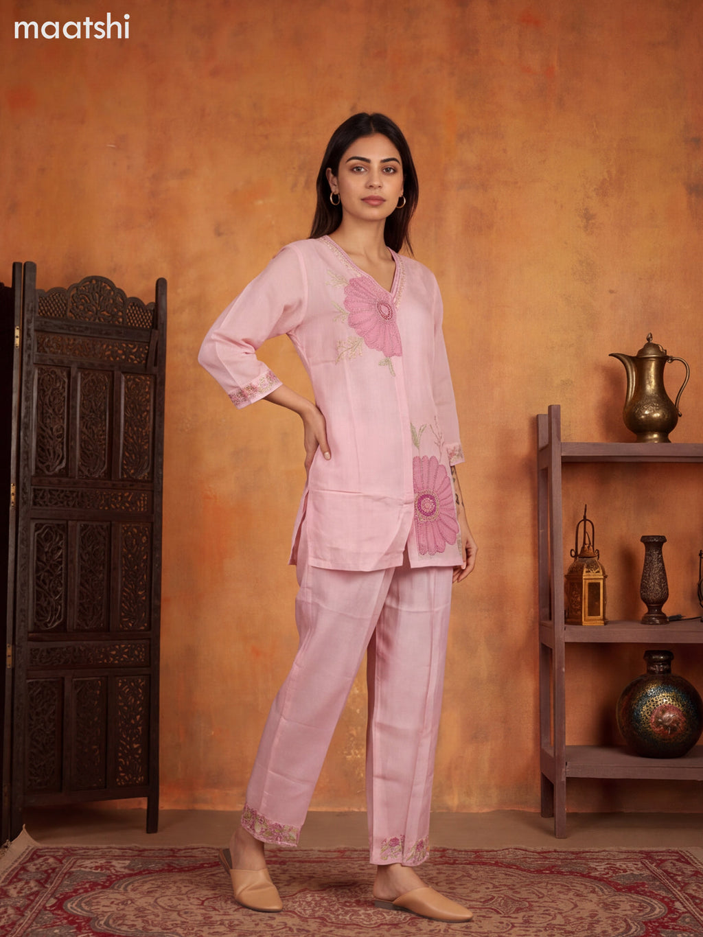 Baby Pink Mul Chanderi Embroidery Work Short Co-Ord Set