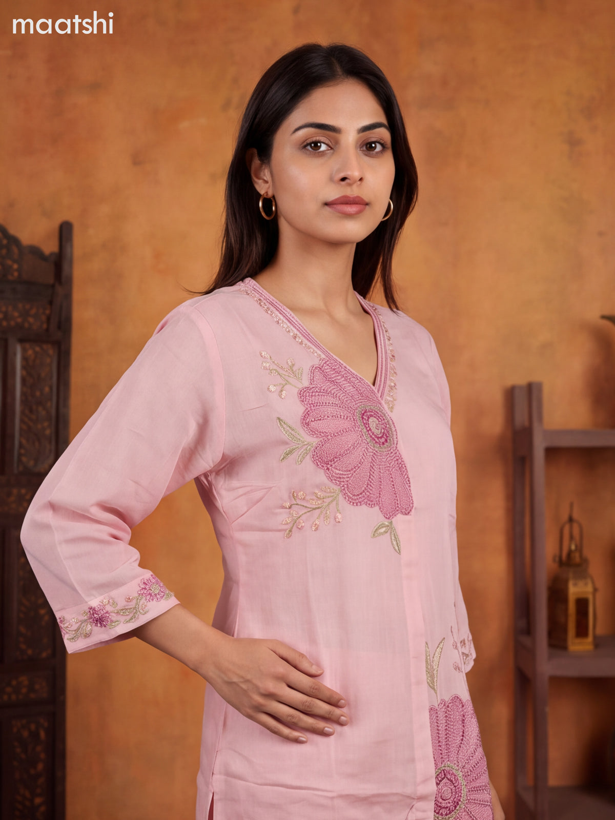 Baby Pink Mul Chanderi Embroidery Work Short Co-Ord Set