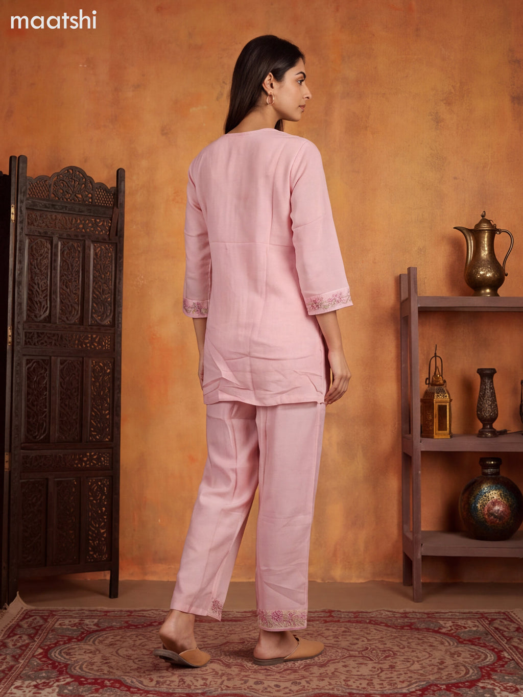 Baby Pink Mul Chanderi Embroidery Work Short Co-Ord Set
