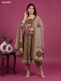 Dark Mehendi Green and Biege Cotton Printed & Simple Embroidery Work Anarkali Suit