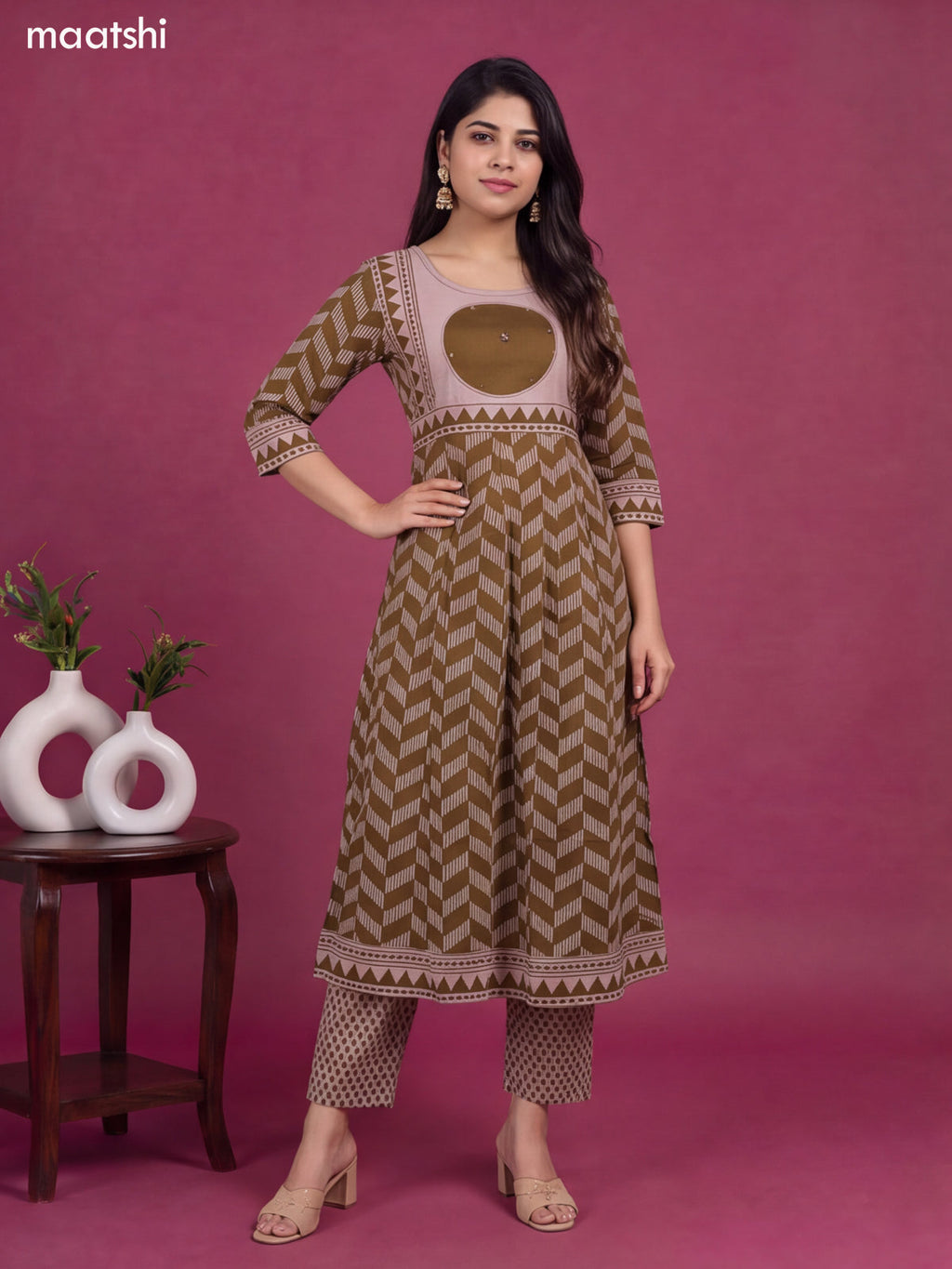 Dark Mehendi Green and Biege Cotton Printed & Simple Embroidery Work Anarkali Suit