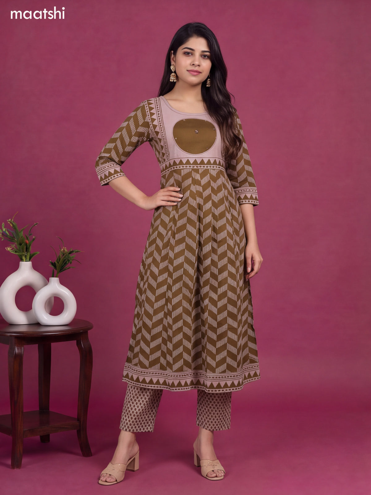 Dark Mehendi Green and Biege Cotton Printed & Simple Embroidery Work Anarkali Suit