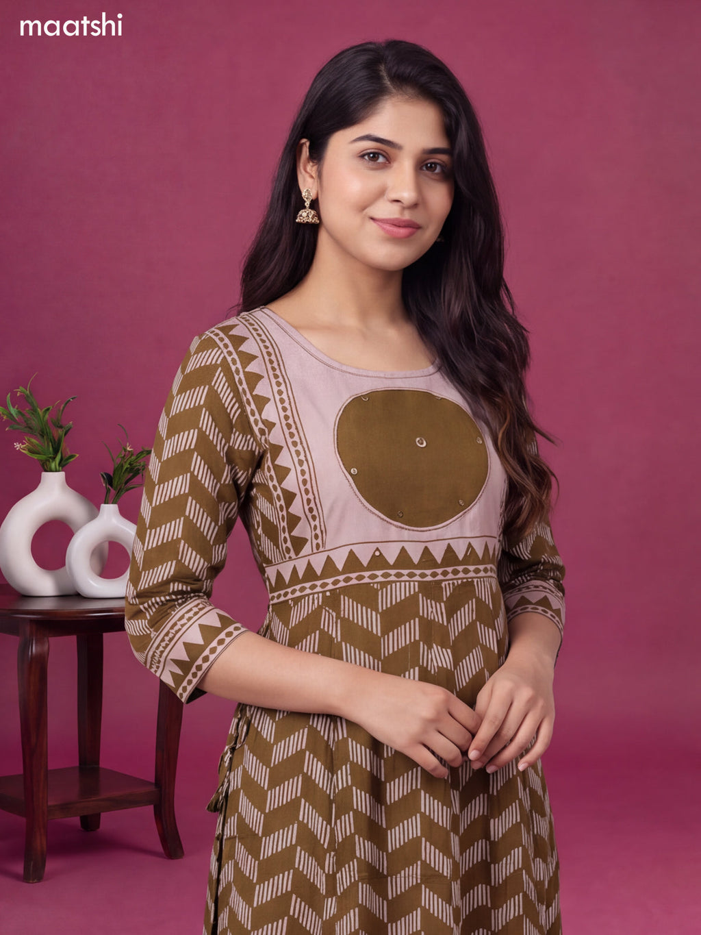 Dark Mehendi Green and Biege Cotton Printed & Simple Embroidery Work Anarkali Suit