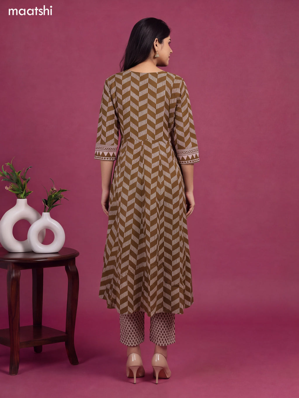 Dark Mehendi Green and Biege Cotton Printed & Simple Embroidery Work Anarkali Suit