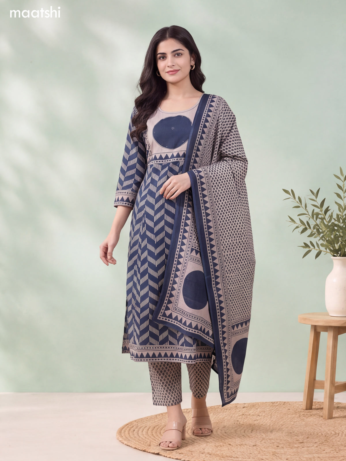 Dark Blue and Biege Cotton Printed & Simple Embroidery Work Anarkali Suit
