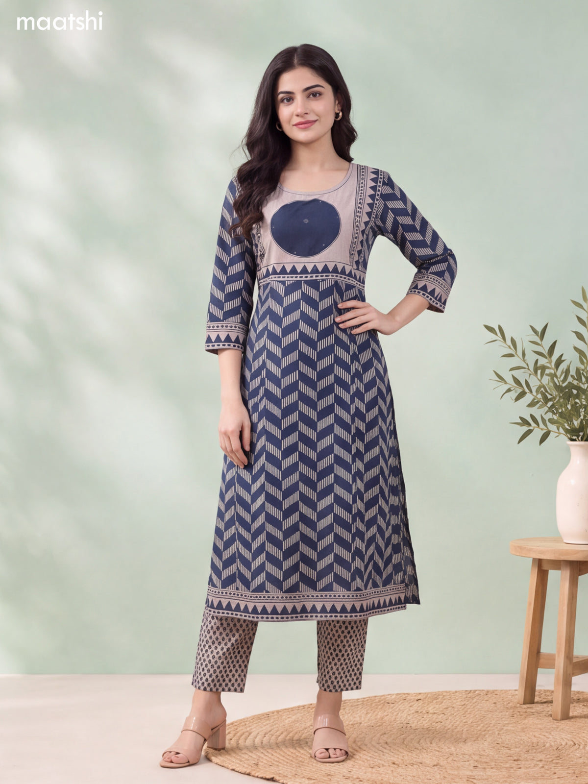 Dark Blue and Biege Cotton Printed & Simple Embroidery Work Anarkali Suit