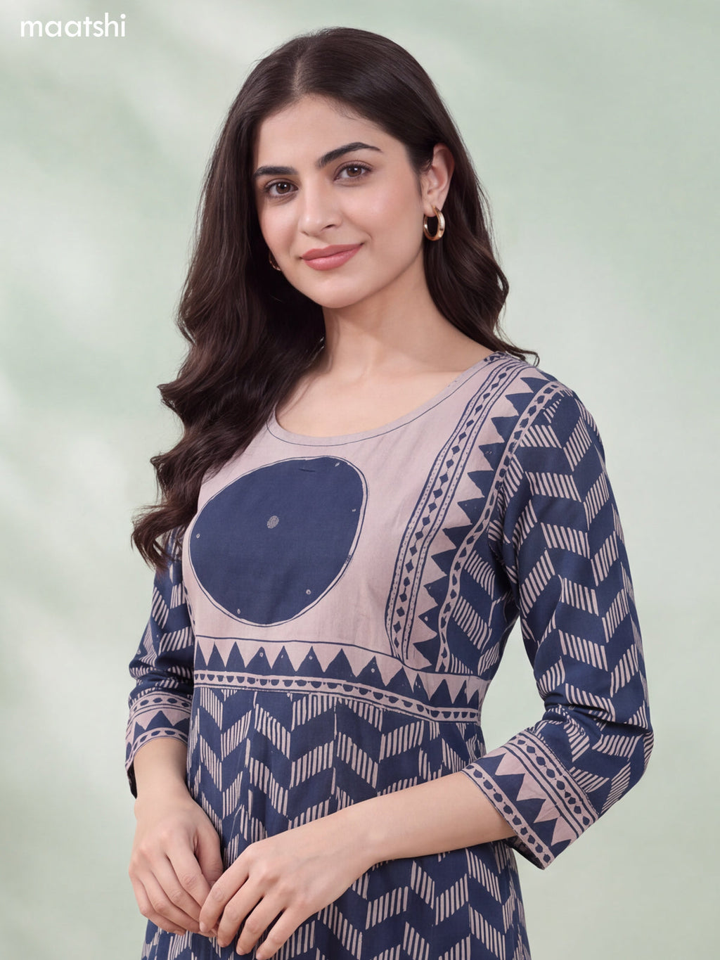 Dark Blue and Biege Cotton Printed & Simple Embroidery Work Anarkali Suit