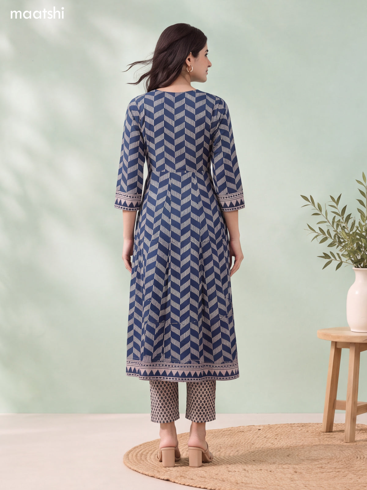 Dark Blue and Biege Cotton Printed & Simple Embroidery Work Anarkali Suit
