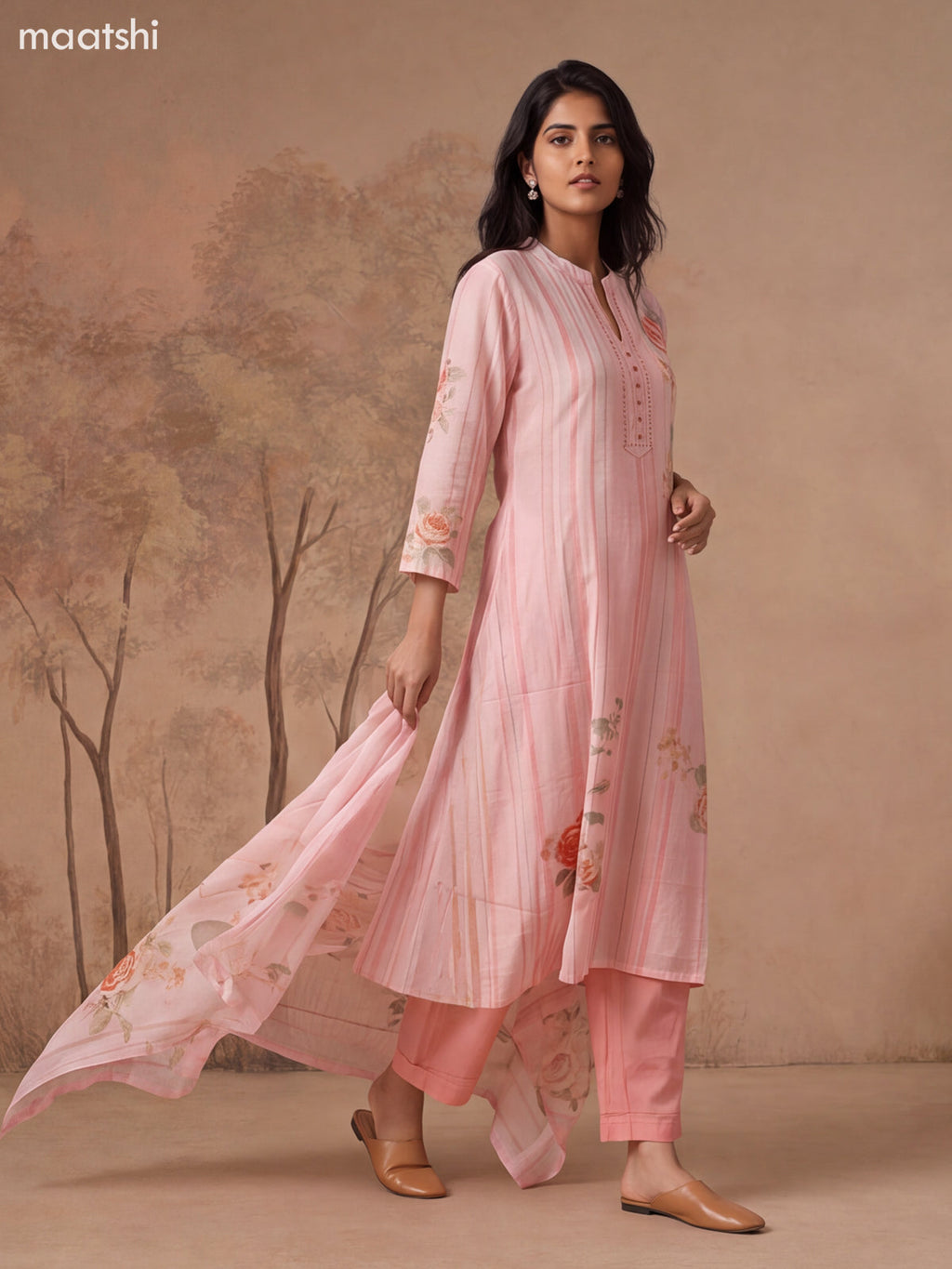 Peach Pink Cotton Printed & Simple Embroidery Work Anarkali Suit
