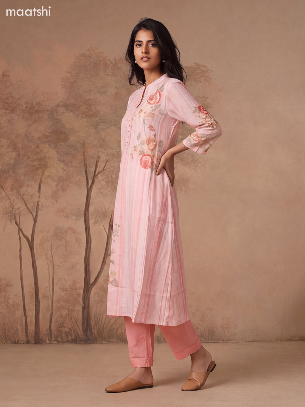 Peach Pink Cotton Printed & Simple Embroidery Work Anarkali Suit