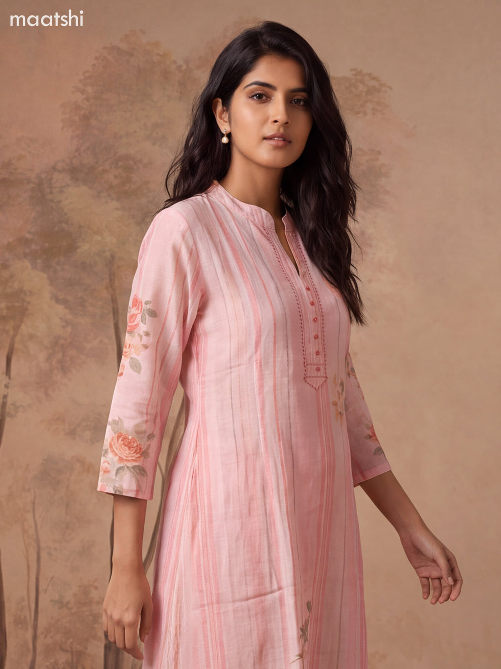 Peach Pink Cotton Printed & Simple Embroidery Work Anarkali Suit