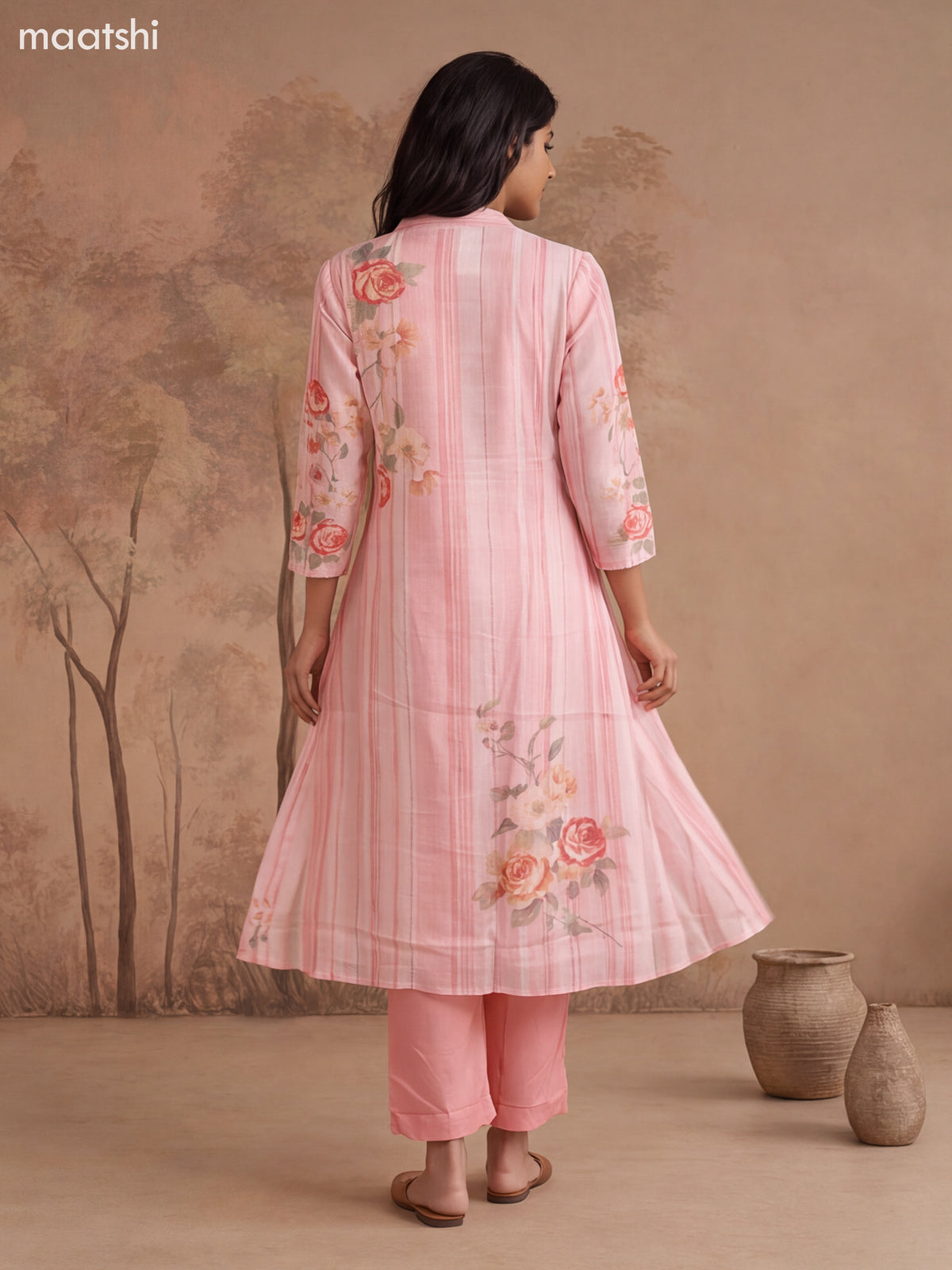 Peach Pink Cotton Printed & Simple Embroidery Work Anarkali Suit