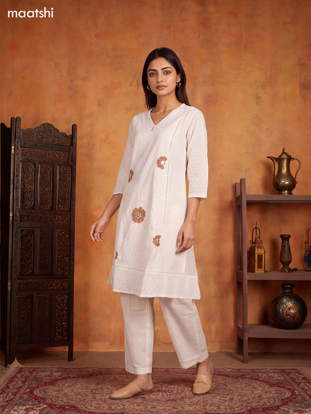 Off White Cotton Hakoba Work Long Kurti Set