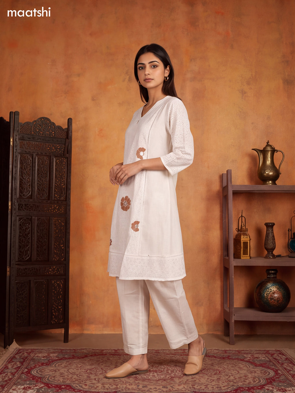 Off White Cotton Hakoba Work Long Kurti Set