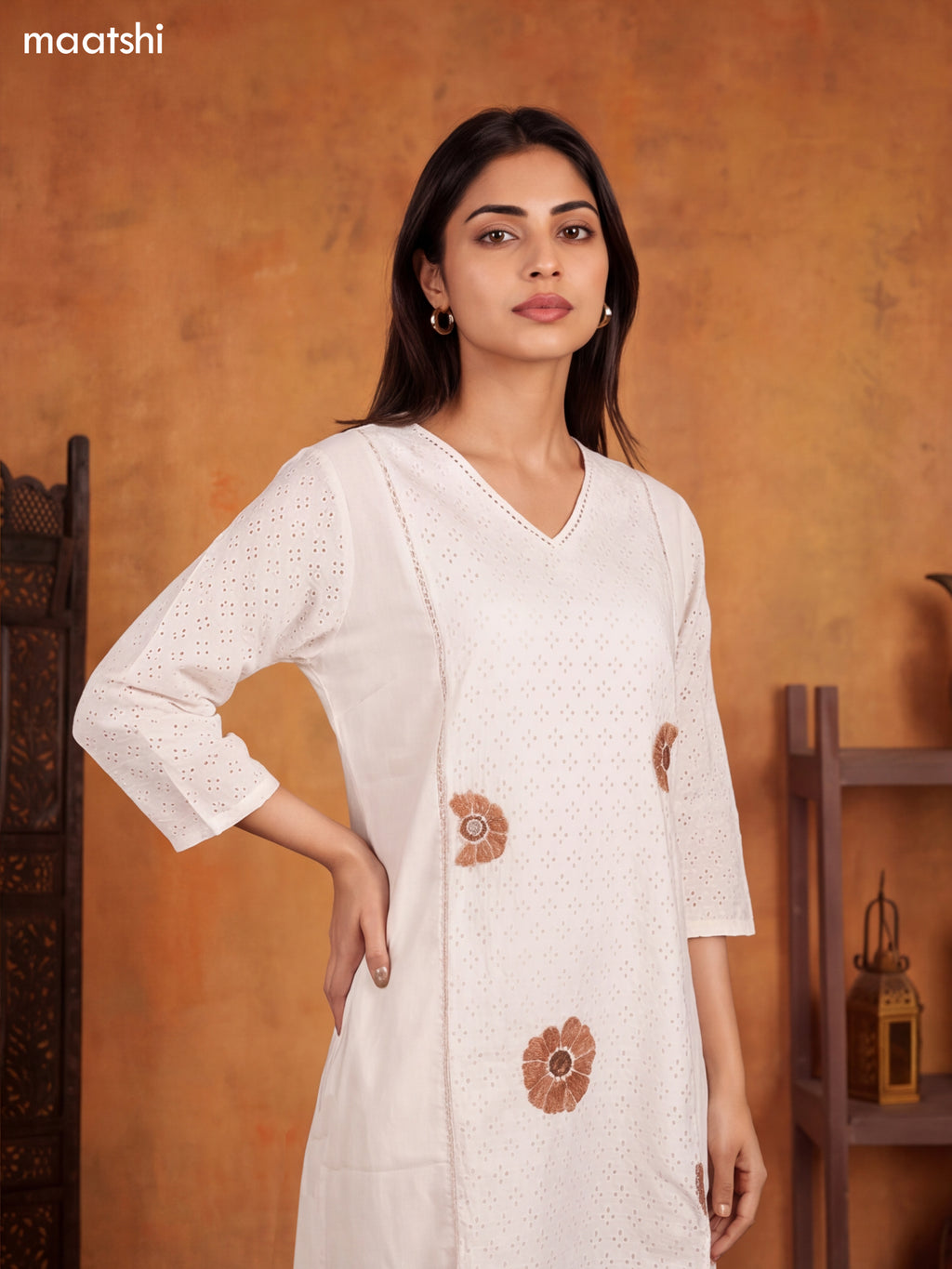 Off White Cotton Hakoba Work Long Kurti Set