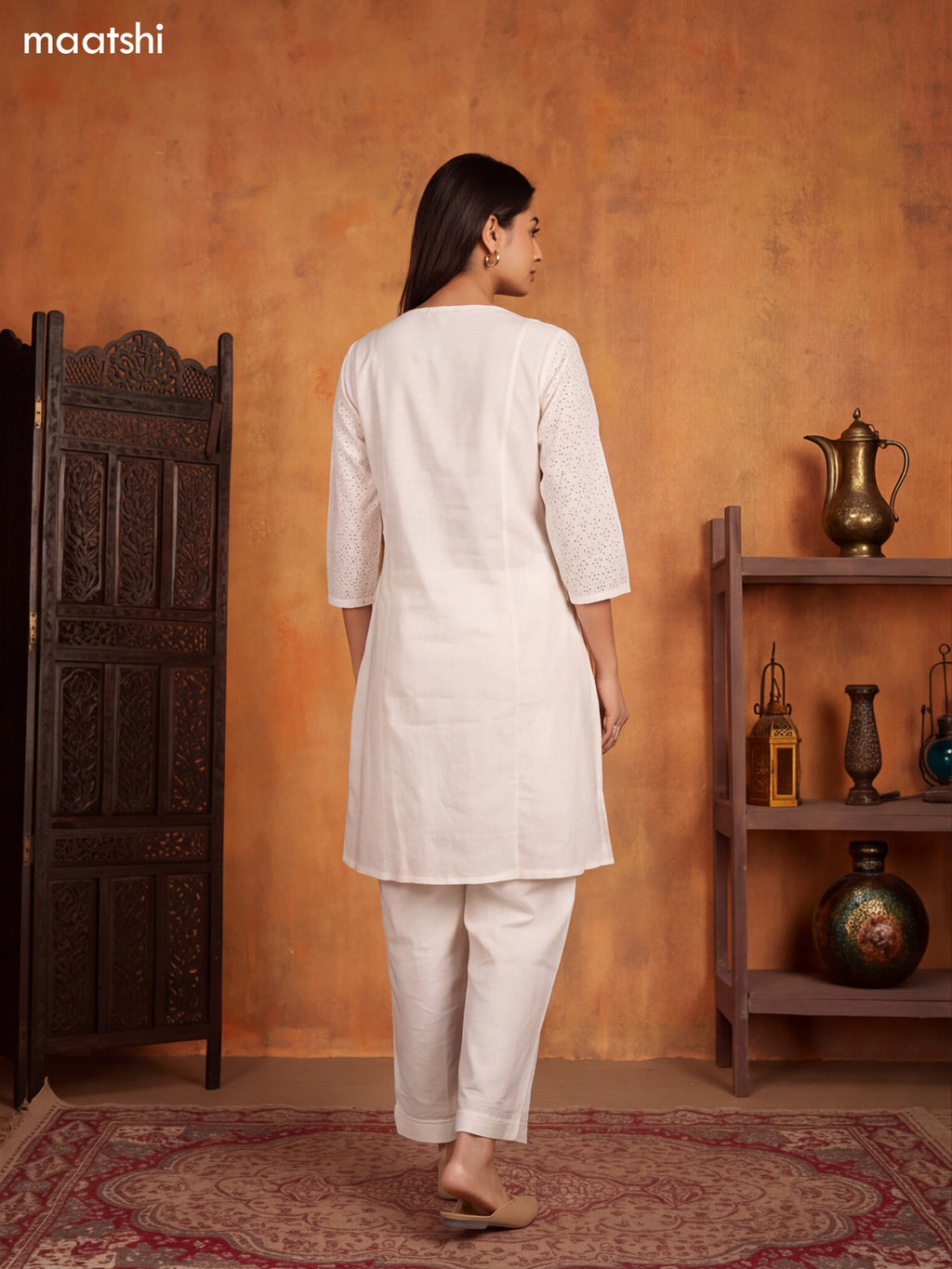Off White Cotton Hakoba Work Long Kurti Set