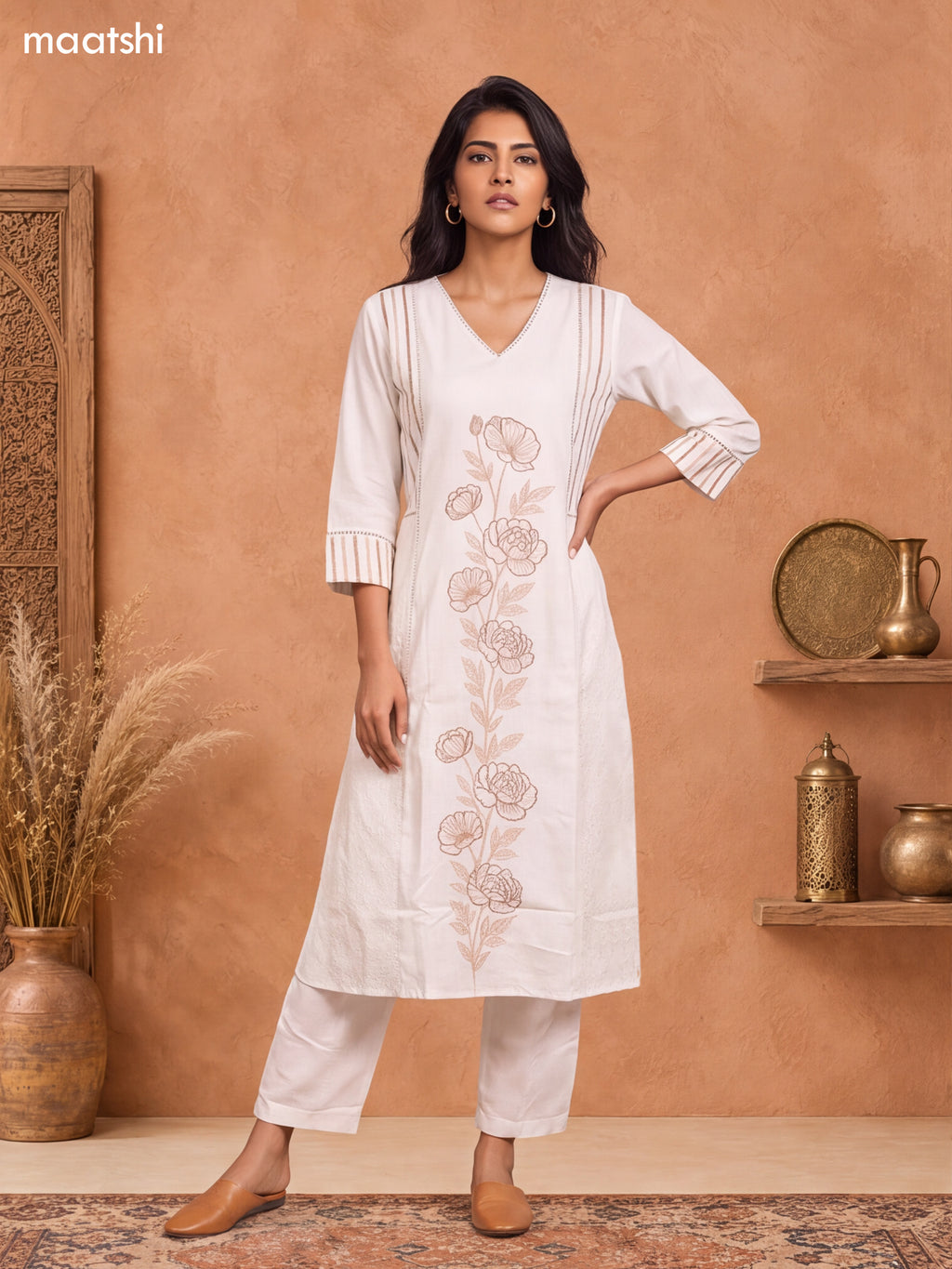 Off White Cotton Embroidery Work Long Kurti Set