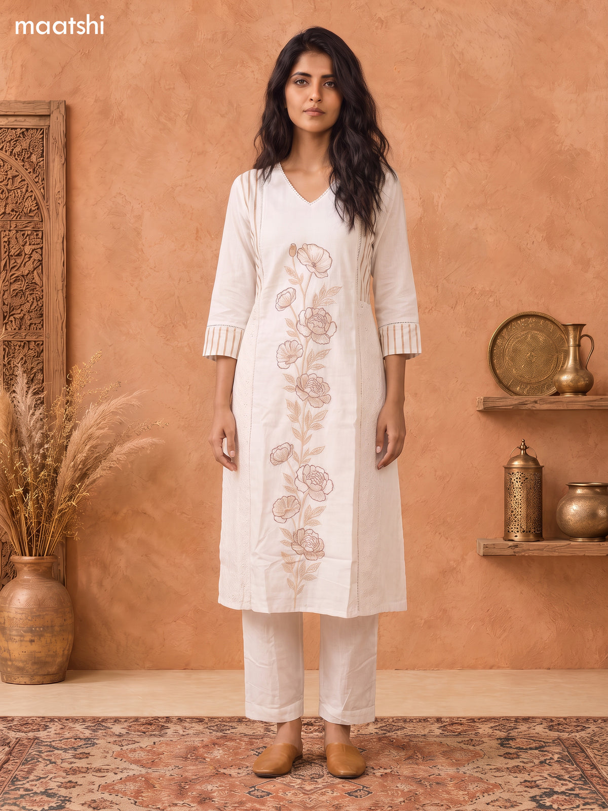 Off White Cotton Embroidery Work Long Kurti Set
