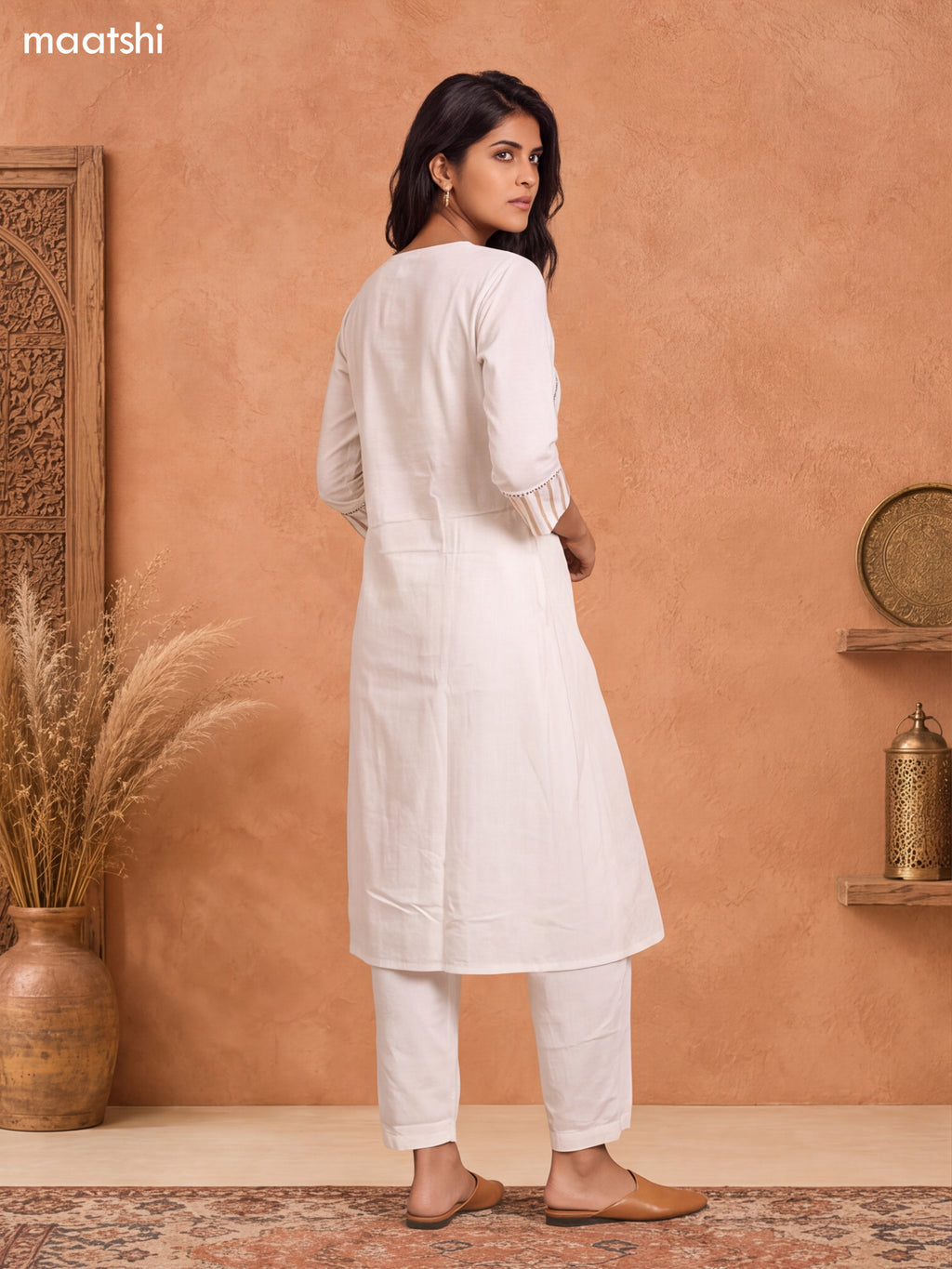 Off White Cotton Embroidery Work Long Kurti Set
