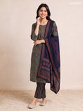 Green and Dark Blue Modal Printed & Embroidery Work Straight Suit