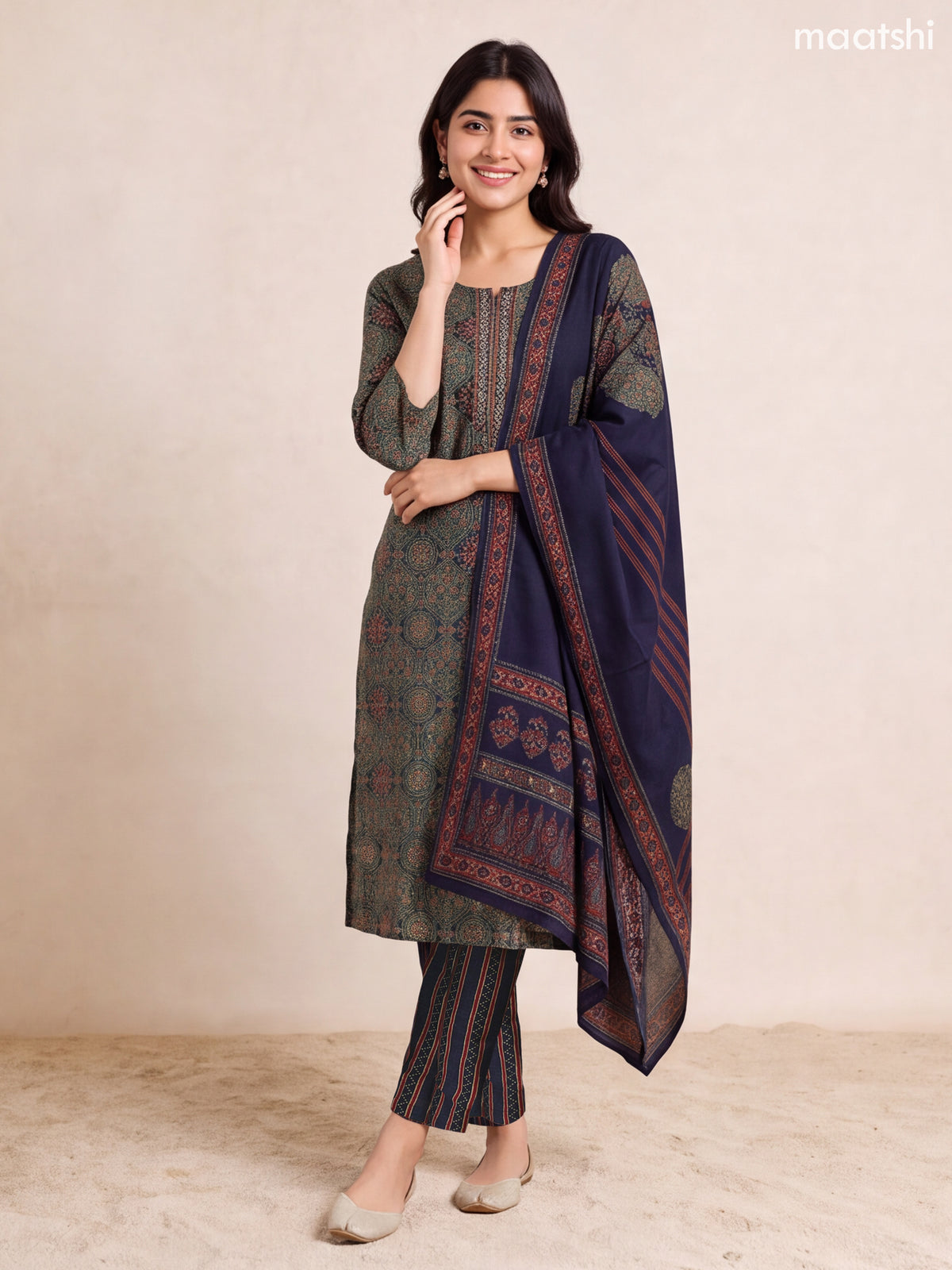 Green and Dark Blue Modal Printed & Embroidery Work Straight Suit