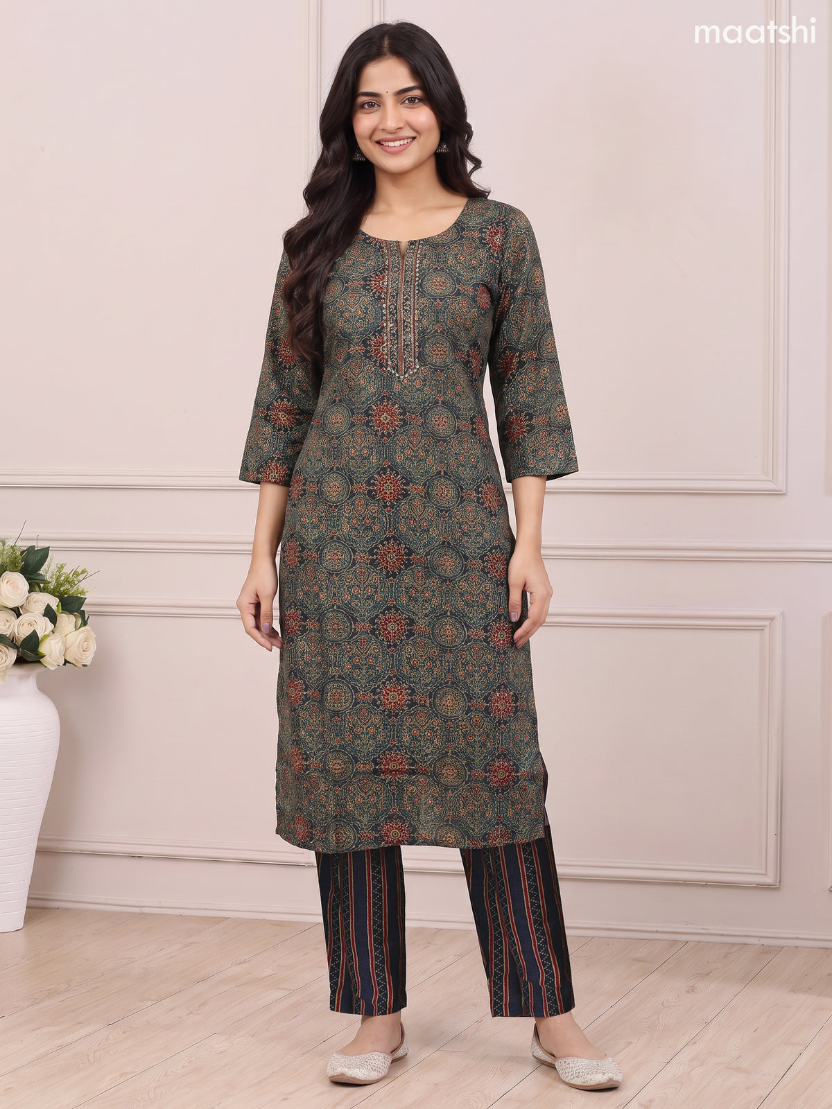 Green and Dark Blue Modal Printed & Embroidery Work Straight Suit