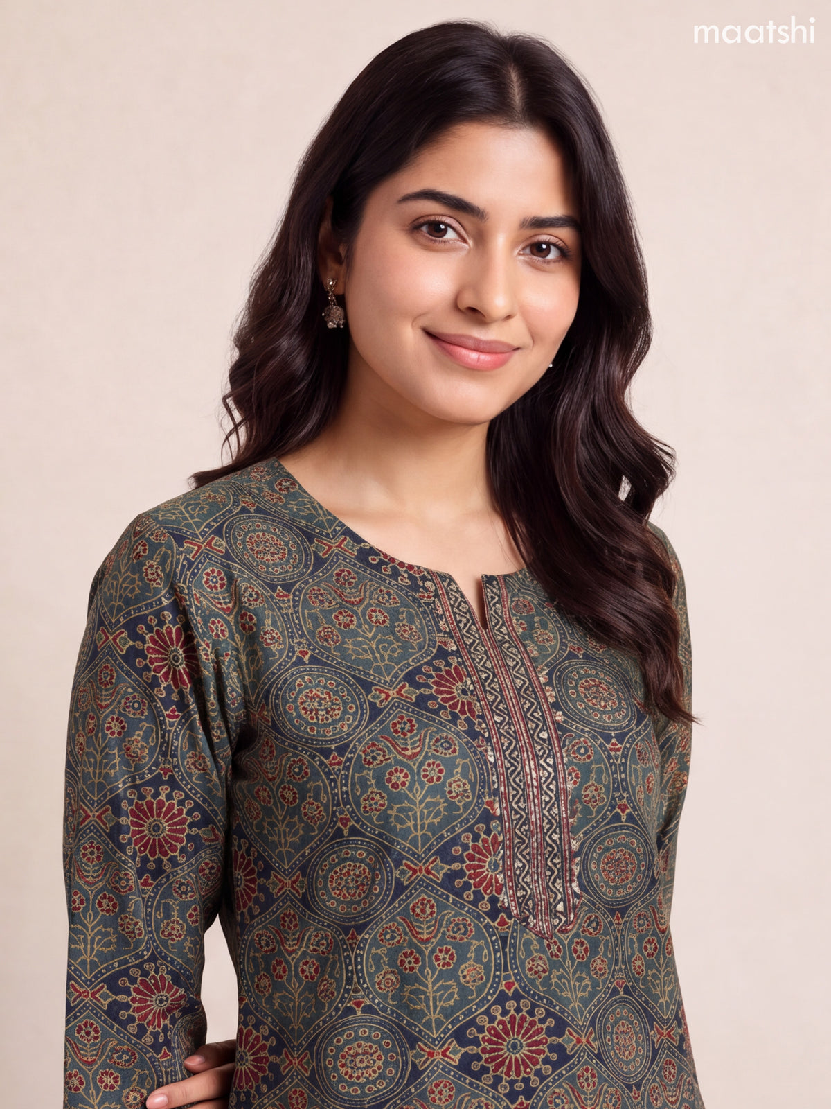 Green and Dark Blue Modal Printed & Embroidery Work Straight Suit