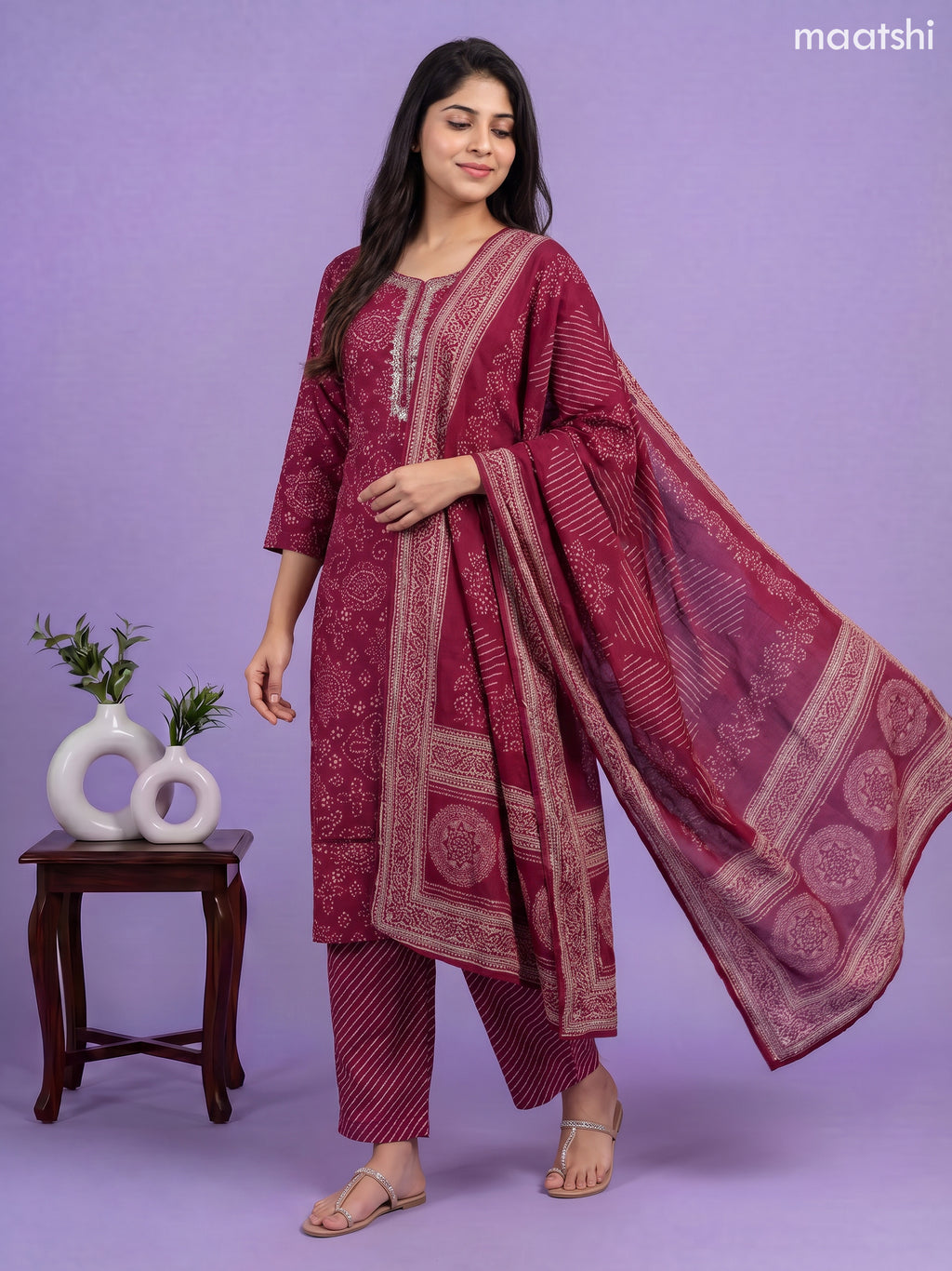 Deep Wine Modal Bandhani Printed & Embroidery Work Straight Suit