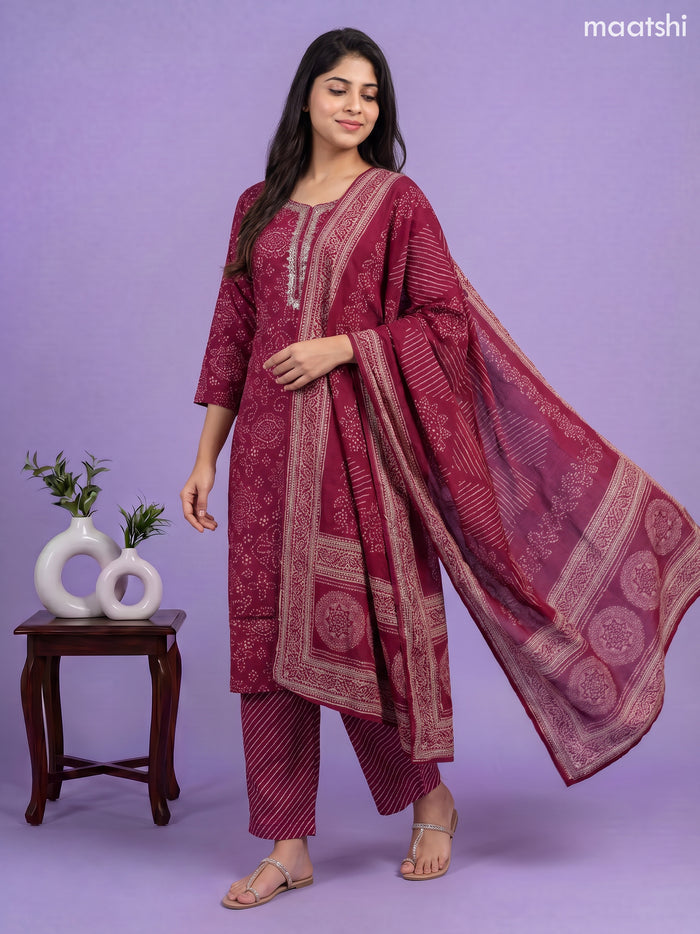 Deep Wine Modal Bandhani Printed & Embroidery Work Straight Suit
