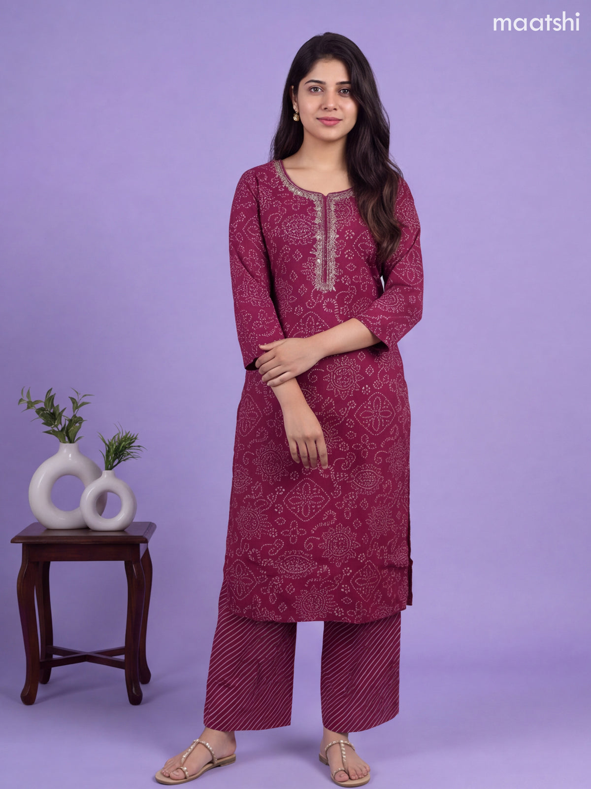 Deep Wine Modal Bandhani Printed & Embroidery Work Straight Suit