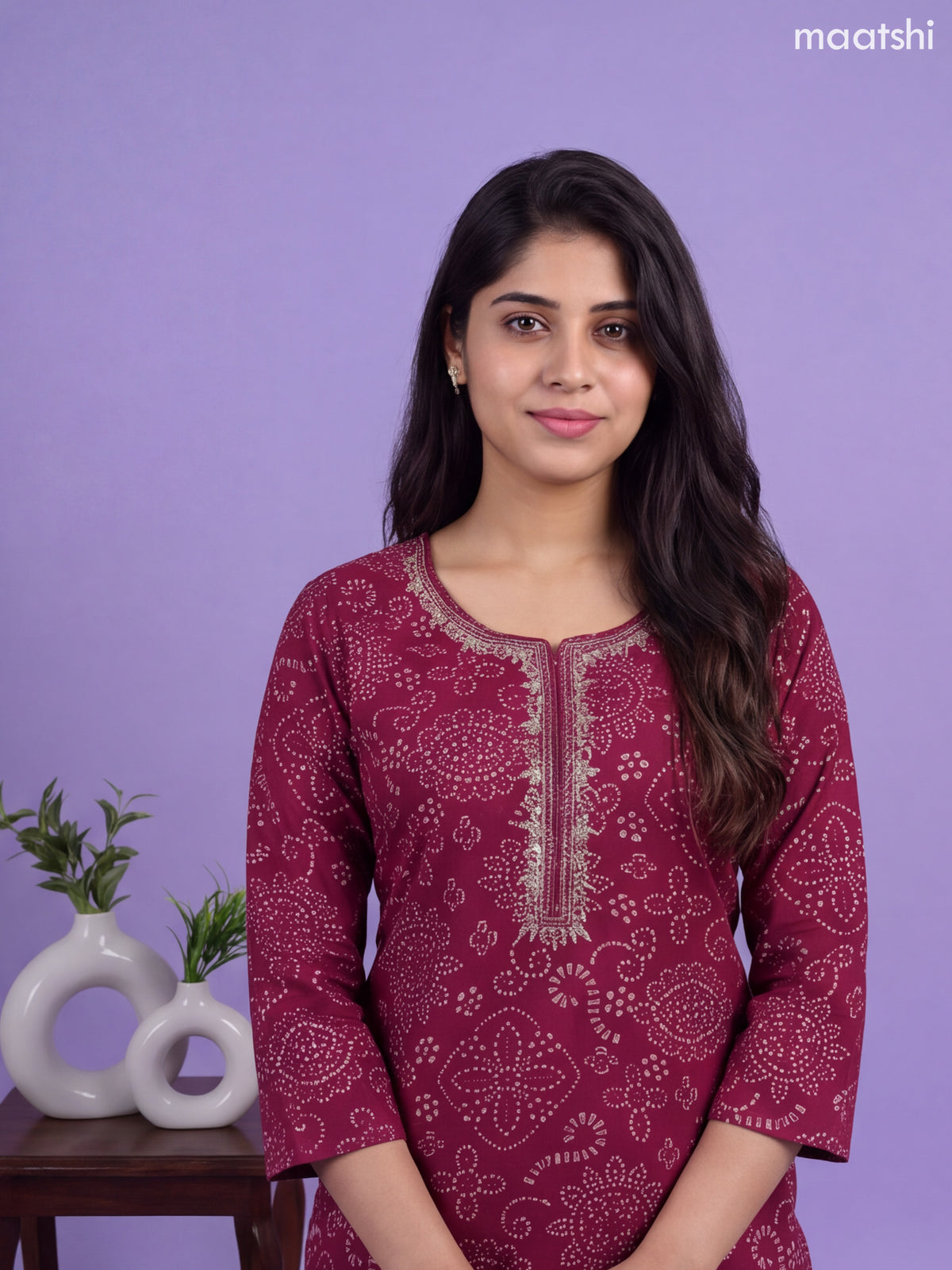Deep Wine Modal Bandhani Printed & Embroidery Work Straight Suit