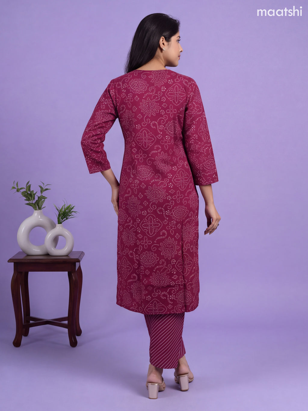 Deep Wine Modal Bandhani Printed & Embroidery Work Straight Suit