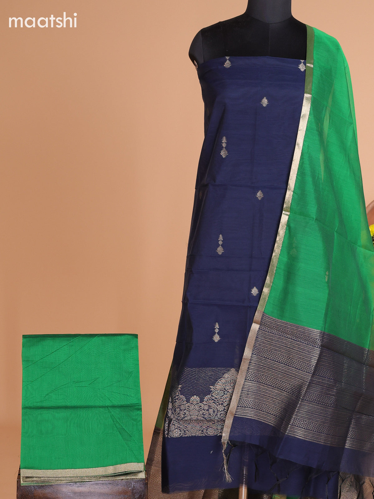 Dark Blue and Green Semi Silk Cotton Dress Material With Zari Buttas and Bottom & Dupatta