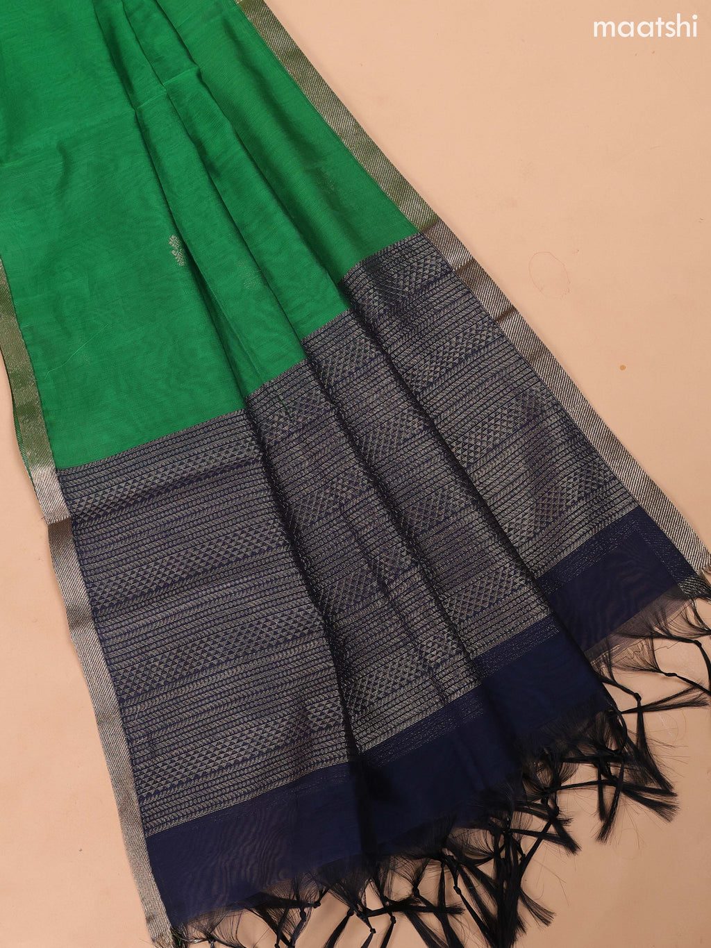 Dark Blue and Green Semi Silk Cotton Dress Material With Zari Buttas and Bottom & Dupatta