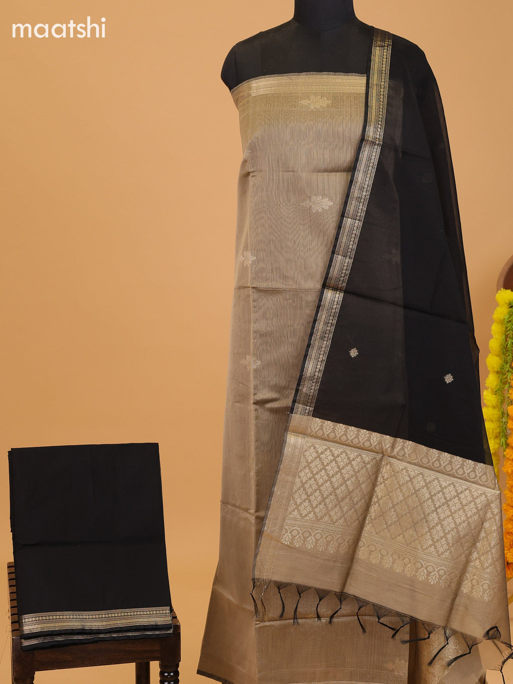 Dark Sandal and Black Semi Silk Cotton Dress Material With Zari Buttas and Bottom & Dupatta