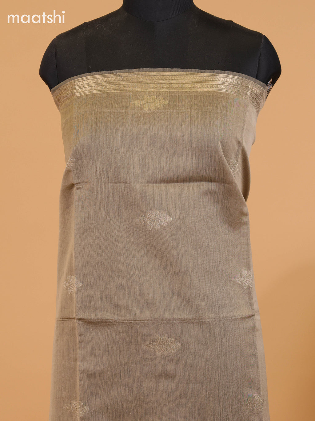 Dark Sandal and Black Semi Silk Cotton Dress Material With Zari Buttas and Bottom & Dupatta