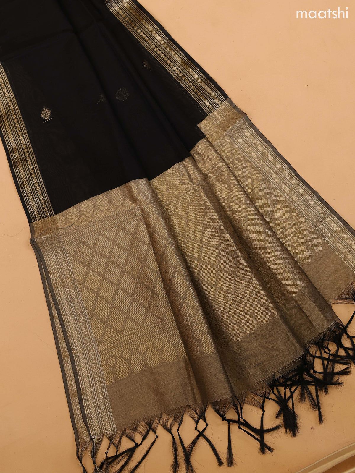 Dark Sandal and Black Semi Silk Cotton Dress Material With Zari Buttas and Bottom & Dupatta