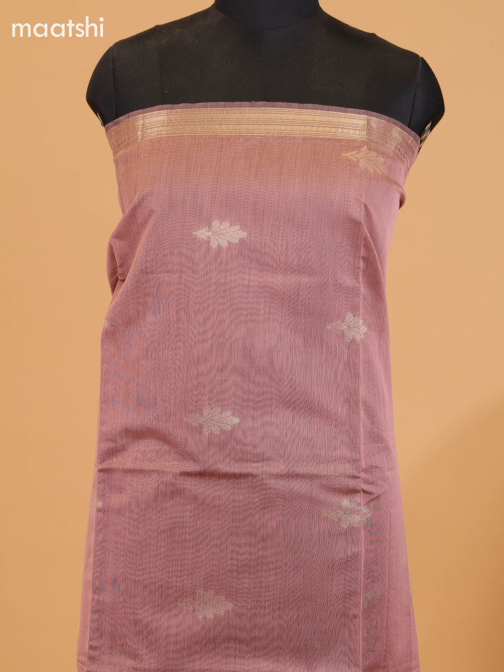 Dark Peach and Black Semi Silk Cotton Dress Material With Zari Buttas and Bottom & Dupatta