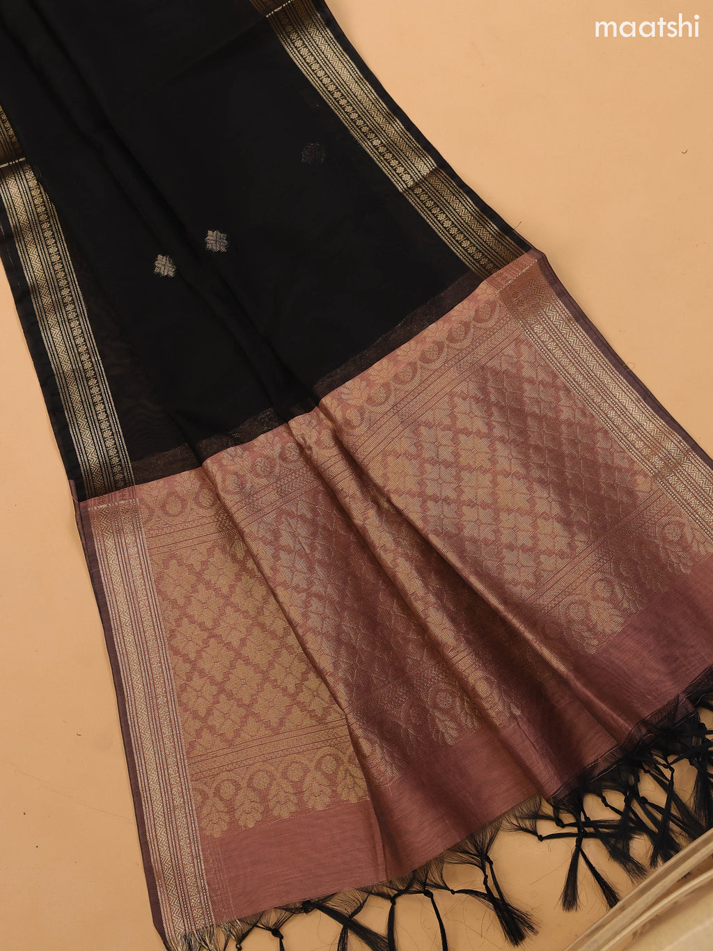 Dark Peach and Black Semi Silk Cotton Dress Material With Zari Buttas and Bottom & Dupatta