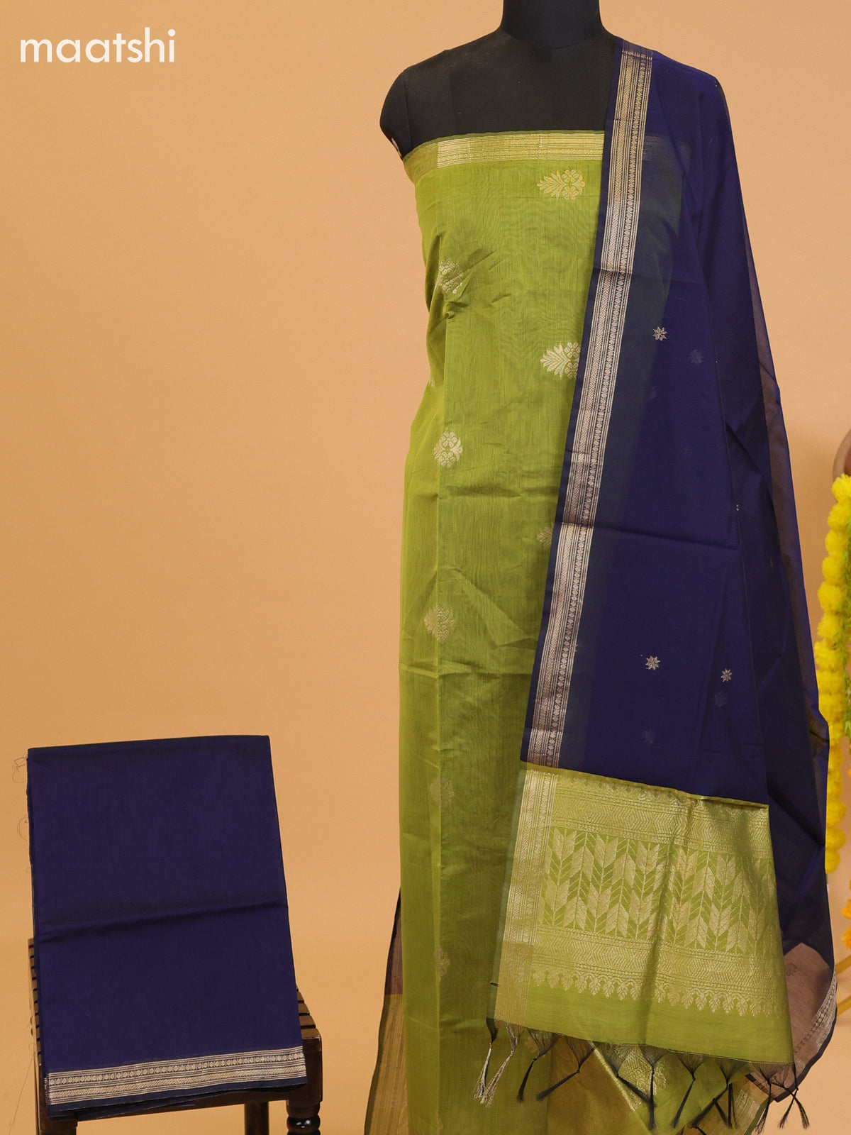Mehendi Green and Dark Blue Semi Silk Cotton Dress Material With Zari Buttas and Bottom & Dupatta