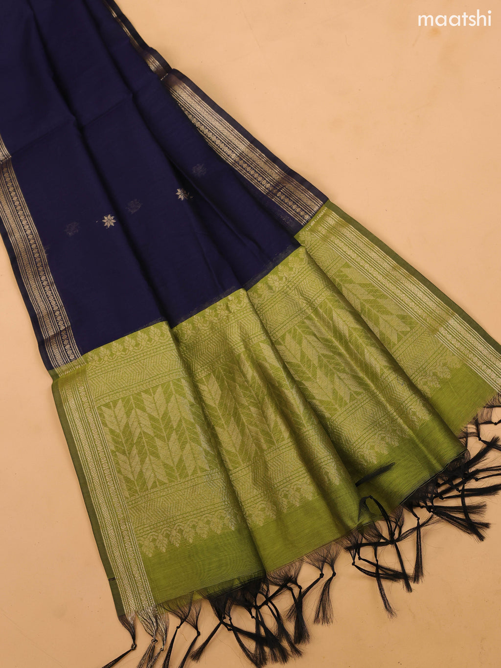 Mehendi Green and Dark Blue Semi Silk Cotton Dress Material With Zari Buttas and Bottom & Dupatta