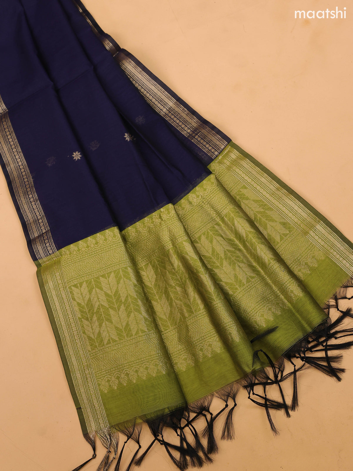 Mehendi Green and Dark Blue Semi Silk Cotton Dress Material With Zari Buttas and Bottom & Dupatta