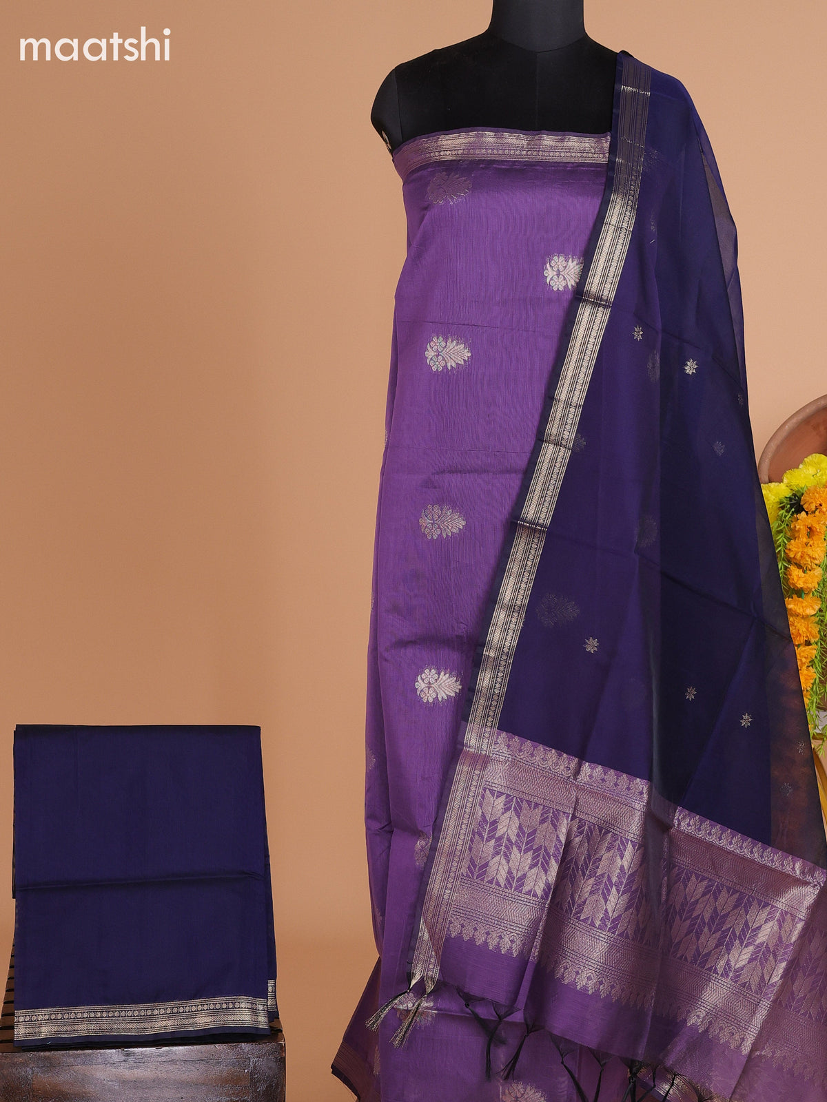 Pastel Purple and Dark Blue Semi Silk Cotton Dress Material With Zari Buttas and Bottom & Dupatta