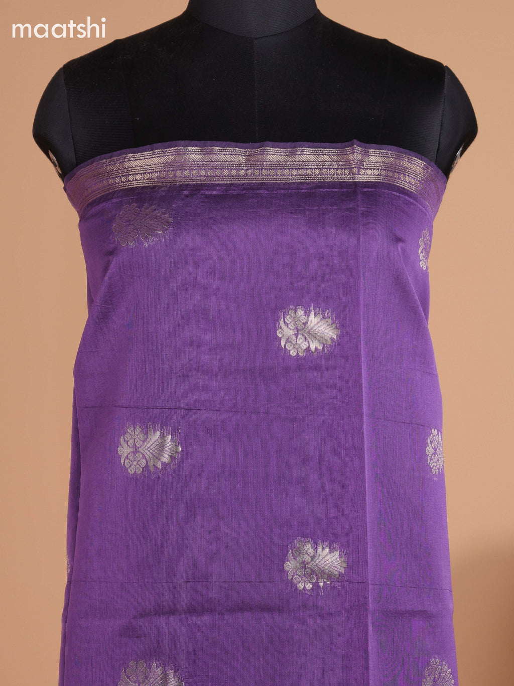 Pastel Purple and Dark Blue Semi Silk Cotton Dress Material With Zari Buttas and Bottom & Dupatta