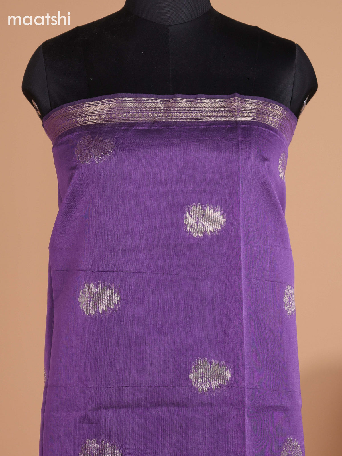Pastel Purple and Dark Blue Semi Silk Cotton Dress Material With Zari Buttas and Bottom & Dupatta