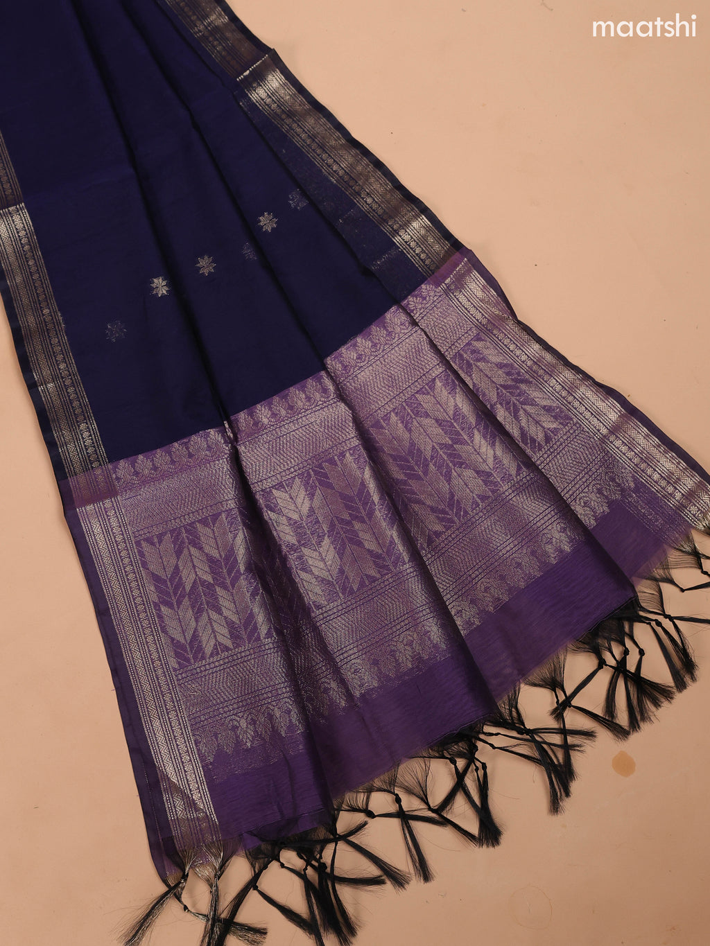 Pastel Purple and Dark Blue Semi Silk Cotton Dress Material With Zari Buttas and Bottom & Dupatta