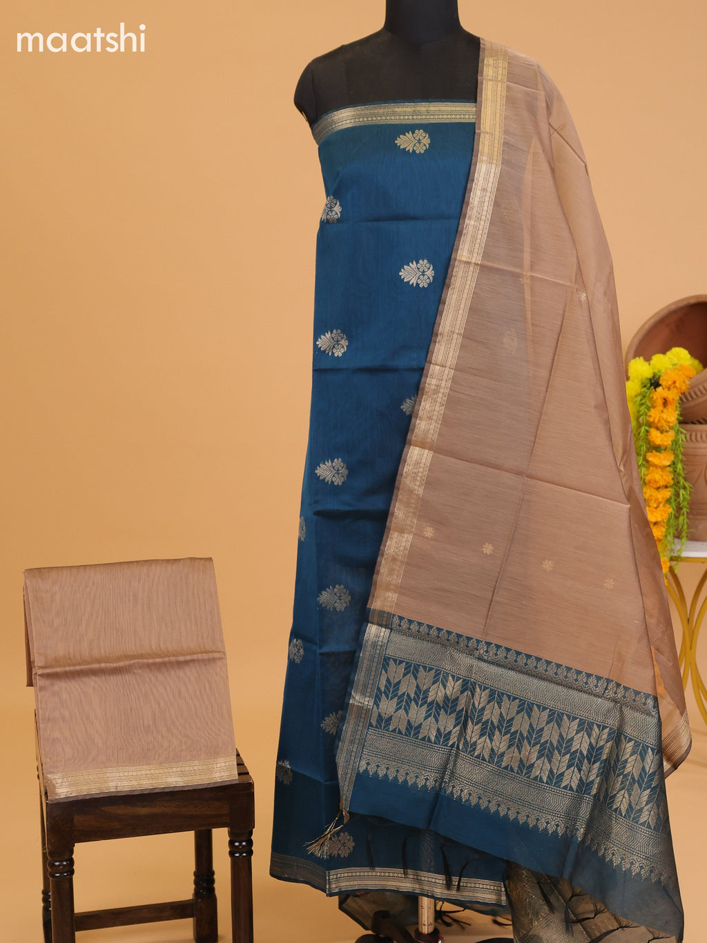 Peacock Blue and Dark Sandal Semi Silk Cotton Dress Material With Zari Buttas and Bottom & Dupatta