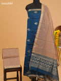 Peacock Blue and Dark Sandal Semi Silk Cotton Dress Material With Zari Buttas and Bottom & Dupatta