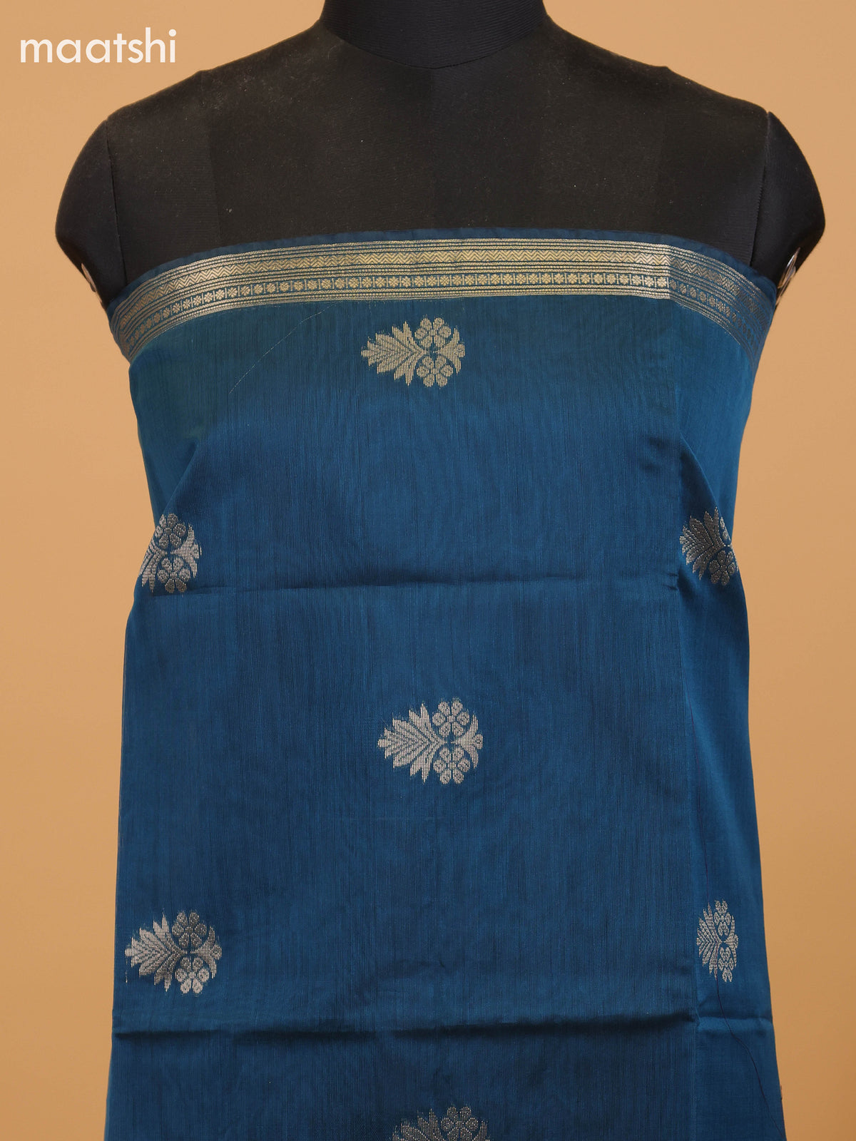 Peacock Blue and Dark Sandal Semi Silk Cotton Dress Material With Zari Buttas and Bottom & Dupatta