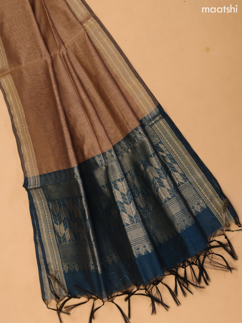Peacock Blue and Dark Sandal Semi Silk Cotton Dress Material With Zari Buttas and Bottom & Dupatta